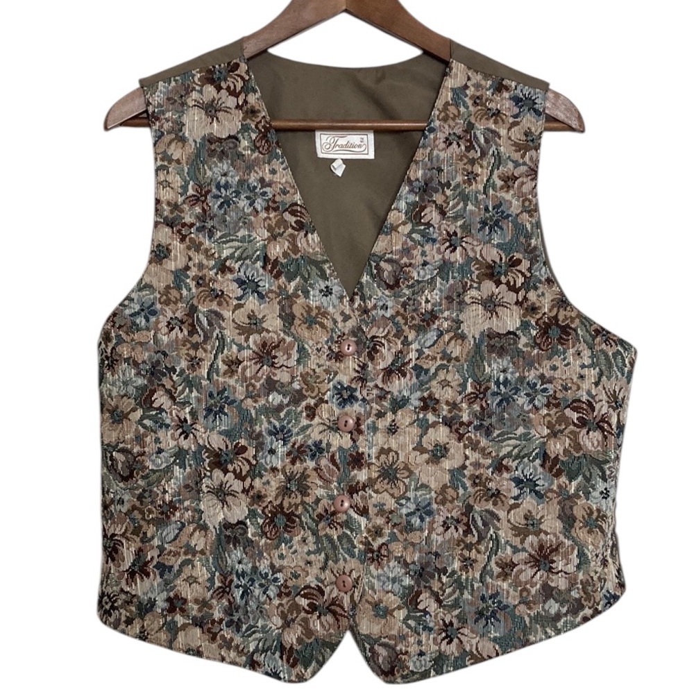 Vintage Tapestry Vest Womens Large XL Tan Green Floral 90s Mom Waistcoat Grunge